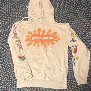 Vintage Nickelodeon Cream Hoodie with Orange Logo and Cartoon Characters